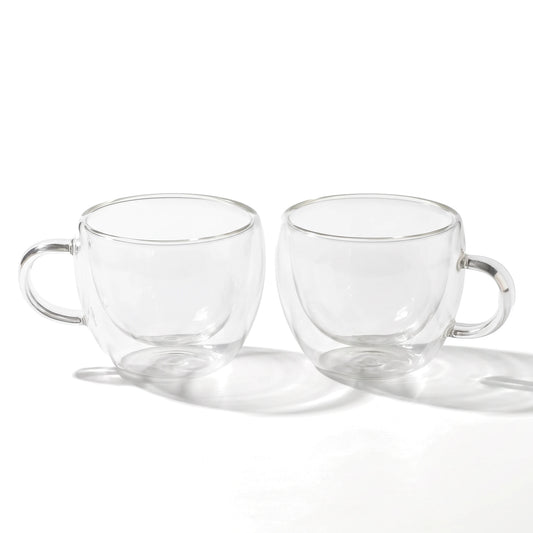 Stellar double wall glass tea cups, set of 2 on a white background