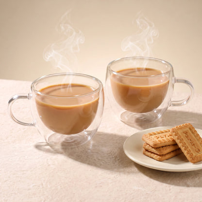 Stellar double wall glass tea cups, with tea and biscuits