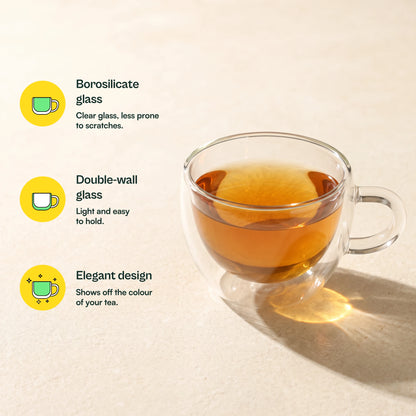 Stellar double wall glass tea cups, with feature callouts