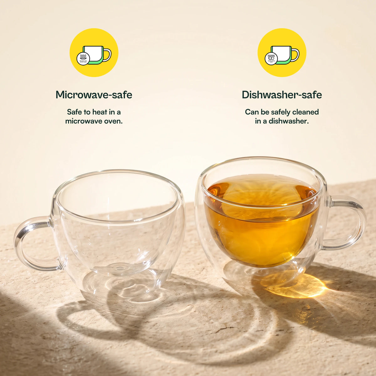Stellar double wall glass tea cups, with microwave-safe and dishwasher-safe callouts