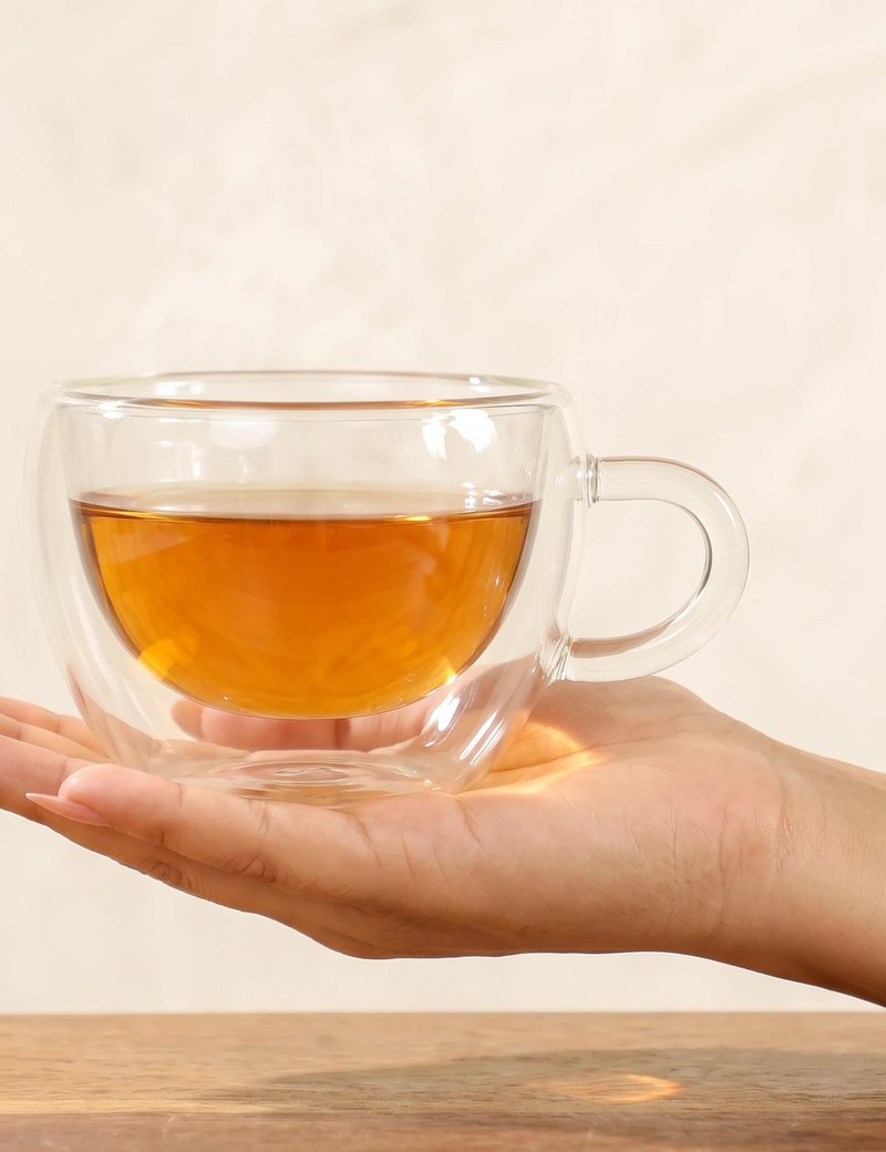 Stellar double wall glass tea cup with tea, on an open hand