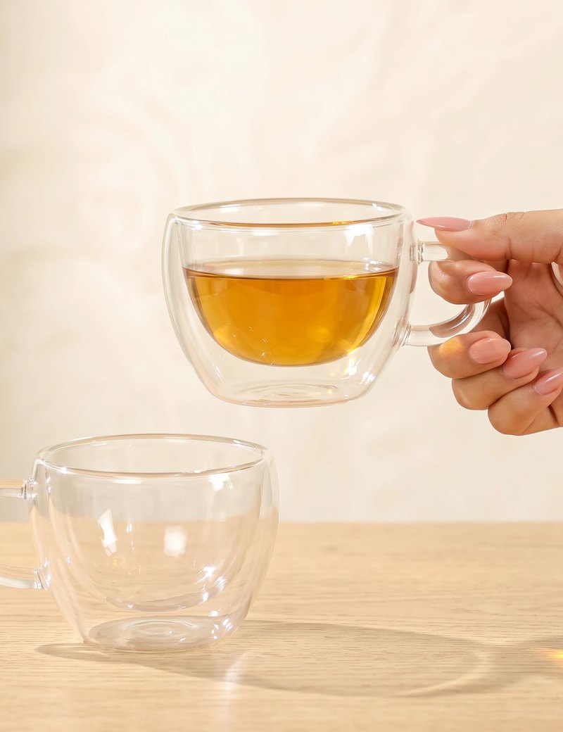 Stellar double wall glass tea cup held in hand, second cup on the table
