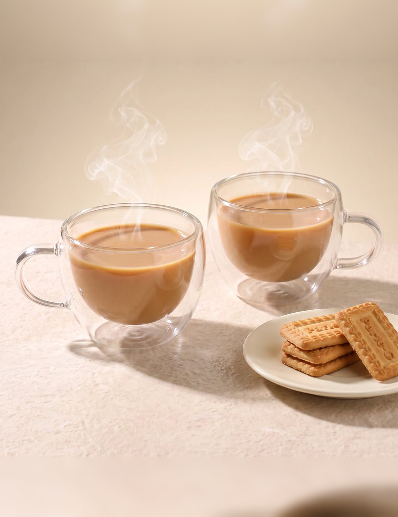 Stellar double wall glass tea cups with tea and biscuits