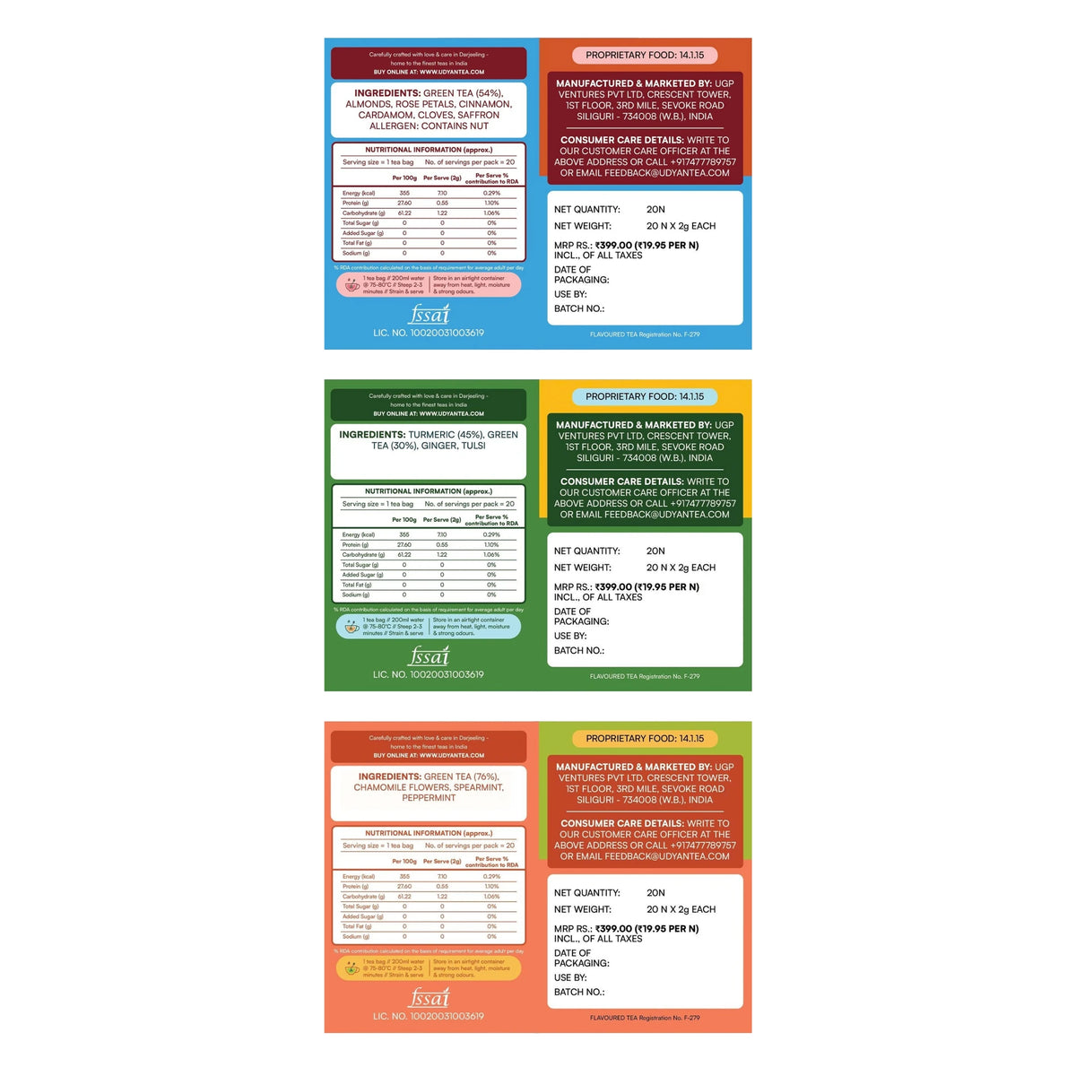 Tea Discovery Pack: back labels with ingredients and nutrition information