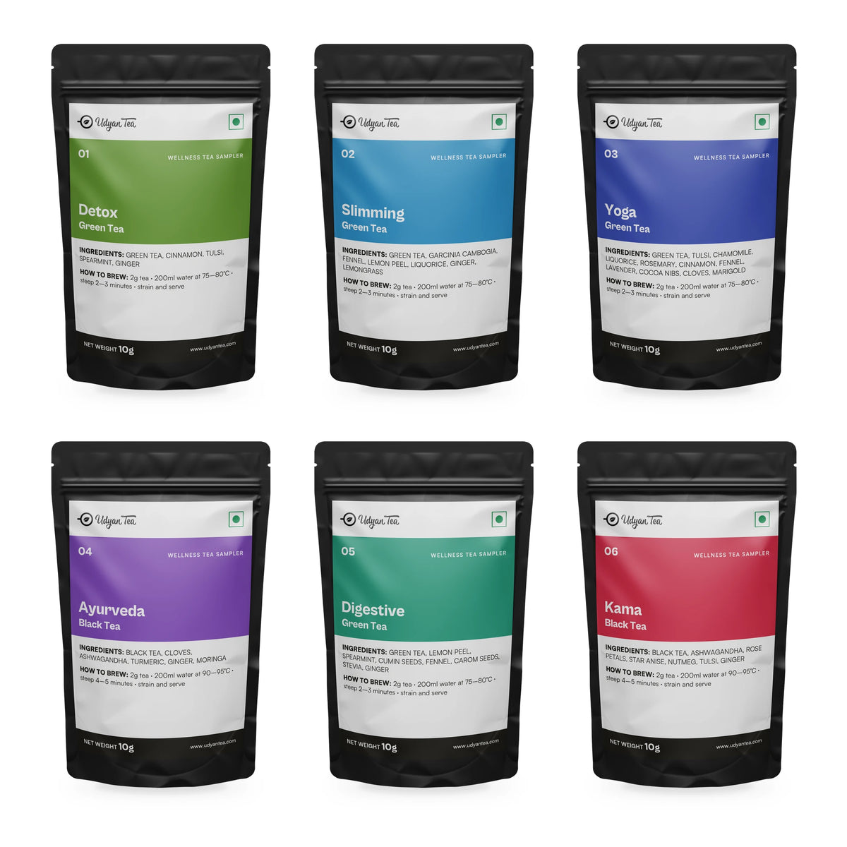 The six 10g pouches inside the Wellness Tea Sampler Pack
