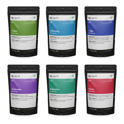 The six 10g pouches inside the Wellness Tea Sampler Pack
