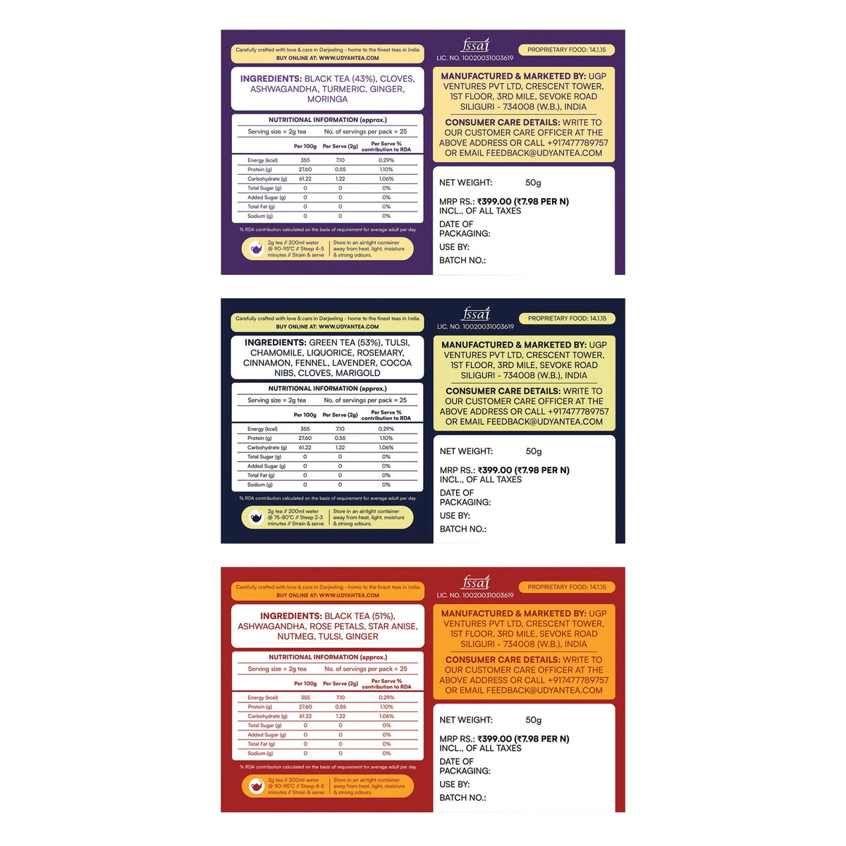 Wholistic Wellness Tea Pack: back labels with ingredients and nutrition information
